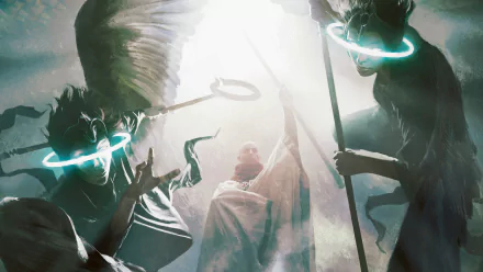 HD desktop wallpaper featuring a dramatic Magic: The Gathering scene with glowing, mystical figures and intense light contrasting dark backgrounds.