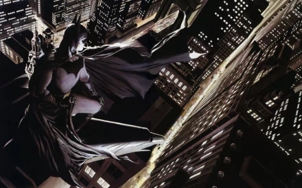 HD wallpaper featuring Batman from Alex Ross's Kingdom Come, soaring dramatically over a cityscape at night.