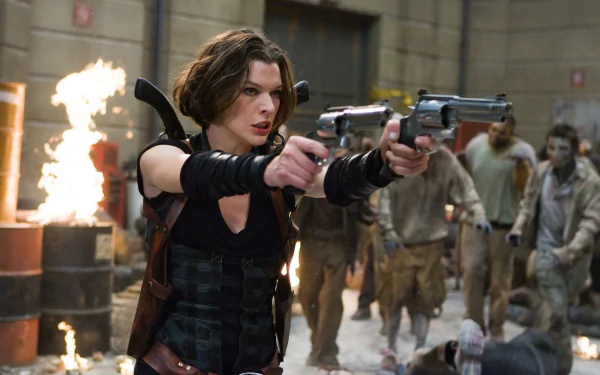 Milla Jovovich wields dual handguns in a tense scene from *Resident Evil: Afterlife*, surrounded by flames and zombie adversaries, showcased in this HD desktop wallpaper.
