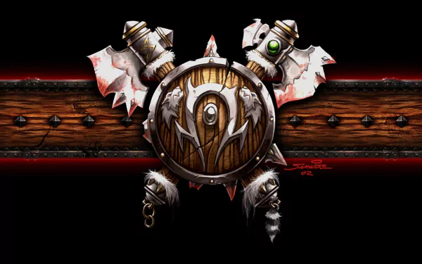 HD PC desktop wallpaper featuring a World of Warcraft emblem with a wooden shield and crossed axes against a dark background.