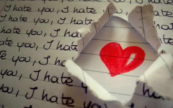 HD desktop wallpaper with a torn paper revealing a red heart, surrounded by the repeated phrase I hate you. Artistic contrast between writing and love symbol.