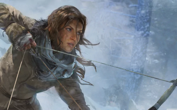 4K Ultra HD desktop wallpaper featuring Lara Croft from the video game Tomb Raider, poised with a bow in a snowy, forested environment.