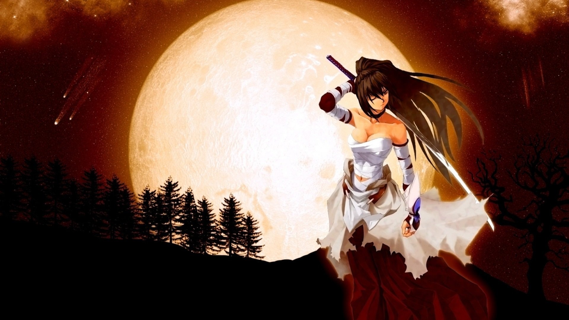A stunning HD desktop wallpaper featuring Junko Suzu from Naruto, poised dramatically against a large moon, surrounded by silhouetted trees and a dynamic night sky.