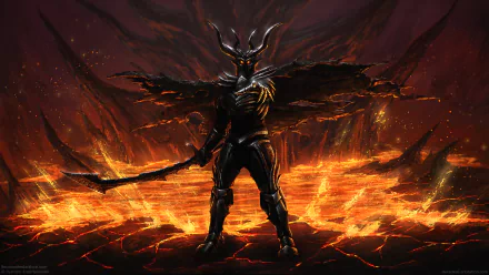 A menacing dark demon stands in a fiery landscape, wielding a sword. The image features dramatic lighting and intricate detailing, creating a striking HD wallpaper background.