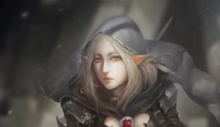 HD fantasy desktop wallpaper featuring a mysterious elf with glowing yellow eyes, wearing a dark hooded cloak and armor in a misty, ethereal setting.