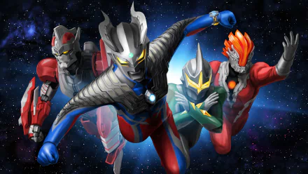 HD PC desktop wallpaper featuring characters from the video game Ultraman: Towards the Future set against a cosmic space background.