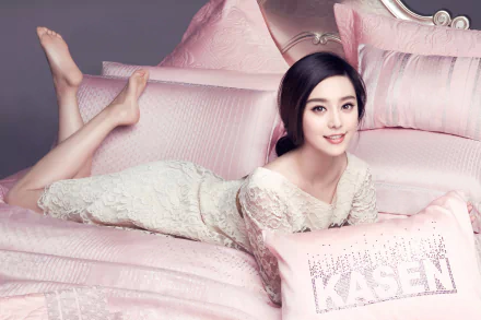 A serene image of actress Fan Bingbing, elegantly posed on a pile of soft pink pillows, showcasing her warm smile against a luxurious backdrop. An elegant HD desktop wallpaper.
