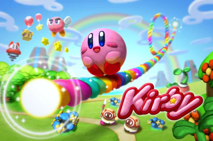 HD desktop wallpaper of Kirby from Kirby and the Rainbow Curse with colorful rainbow trails and vibrant game scenery.