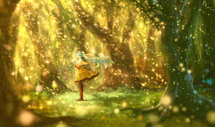 HD desktop wallpaper featuring Hatsune Miku from Vocaloid in an enchanting forest during fall, surrounded by magical, glowing leaves. The warm colors and serene atmosphere create a captivating scene.