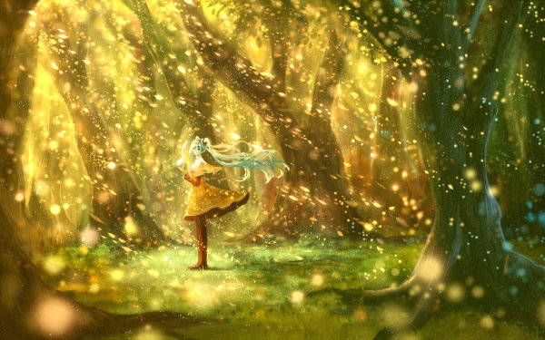 Anime Vocaloid Hatsune Miku Wald Baum Blatt Magisch Herbst HD Wallpaper | Hintergrund
