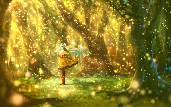 HD desktop wallpaper featuring Hatsune Miku from Vocaloid in an enchanting forest during fall, surrounded by magical, glowing leaves. The warm colors and serene atmosphere create a captivating scene.