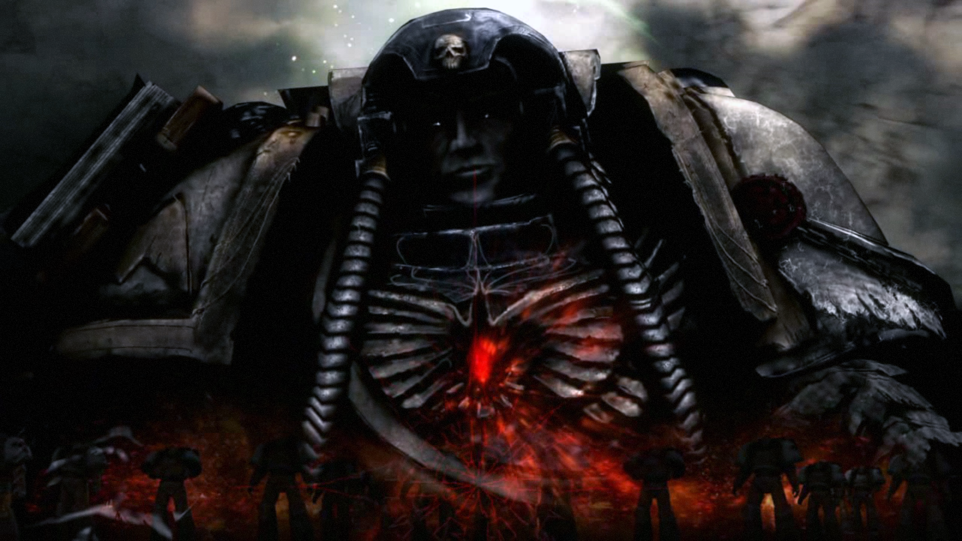 HD PC desktop wallpaper of a Warhammer 40k video game scene: a grim, skull-helmeted Space Marine with a glowing ribcage, surrounded by fire, smoke, and a shattered battlefield.