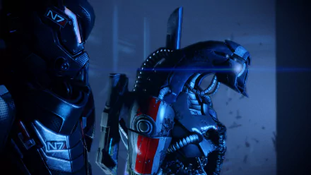 HD PC desktop wallpaper showing Legion (Mass Effect) beside an N7-armored figure in a blue-lit sci-fi interior, highlighting Geth mechanical details and a red stripe.