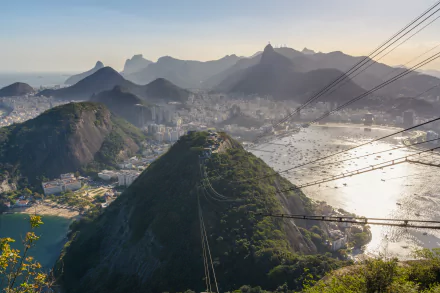 5K Ultra HD desktop wallpaper of Sugarloaf Mountain in Rio de Janeiro, Brazil, showing the bay, urban skyline and cable car lines over a man-made cityscape at sunrise.