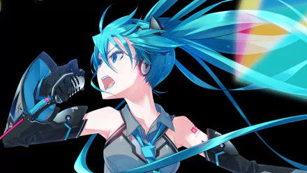 HD anime desktop wallpaper featuring Hatsune Miku singing into a microphone with vibrant blue hair and dynamic pose, capturing the essence of the Vocaloid character.