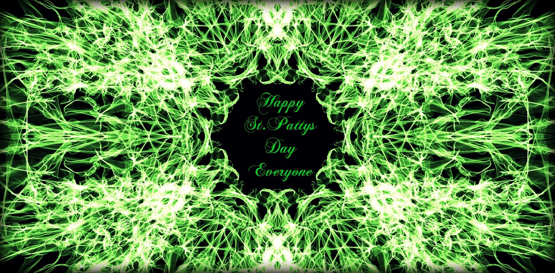 HD PC desktop wallpaper showing a symmetrical neon-green fractal pattern framing a black center with cursive Happy St. Patty's Day Everyone text — St. Patrick's Day holiday background.