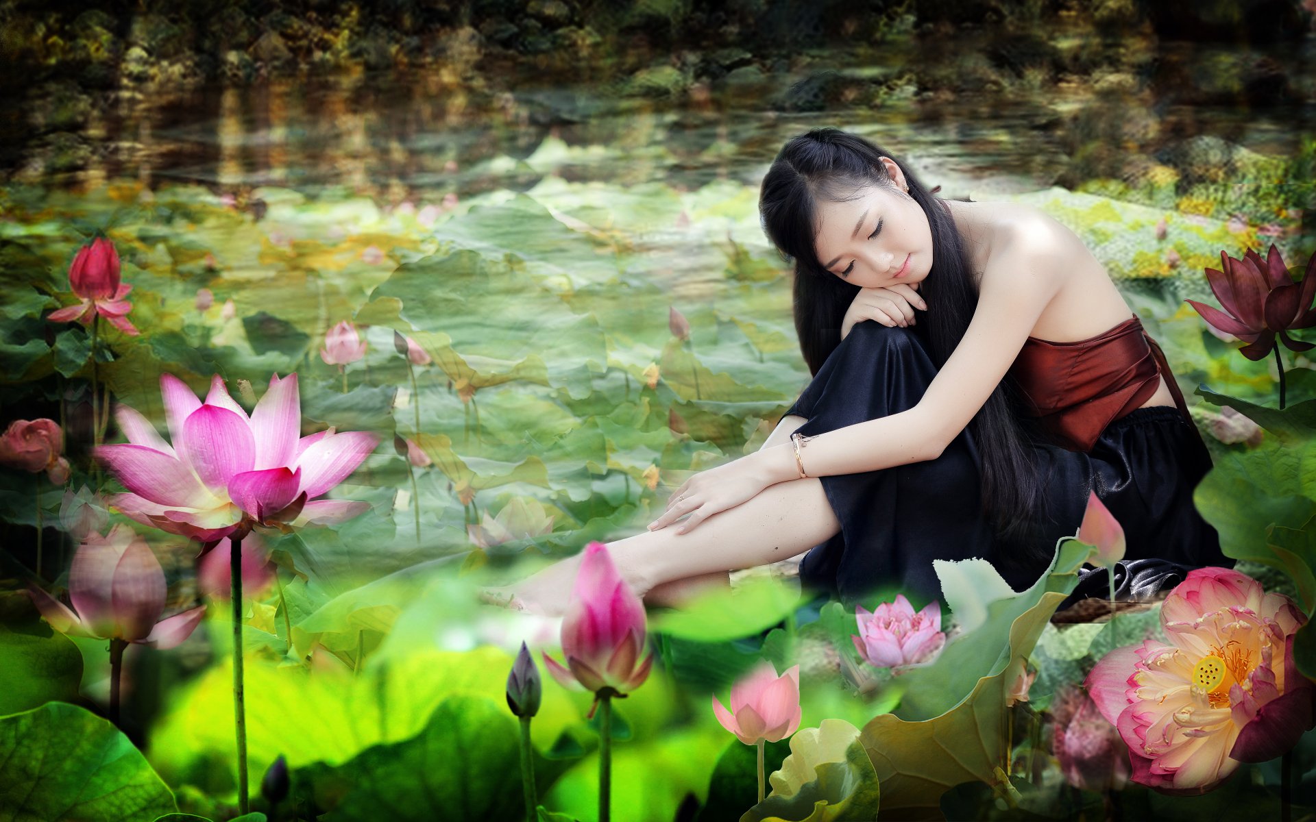 A serene HD wallpaper featuring a Vietnamese woman relaxing in a lush lotus pond, surrounded by vibrant pink flowers, creating a peaceful and picturesque background.