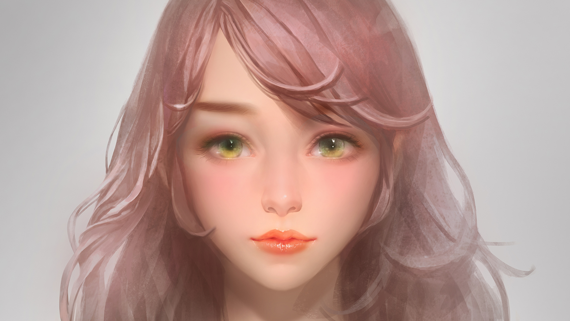 Original anime artwork featuring a close-up of a character with soft pink hair and striking green eyes, designed as an HD desktop wallpaper and background.