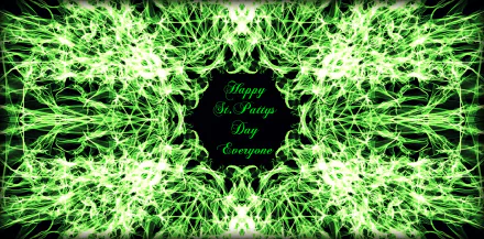 HD PC desktop wallpaper showing a symmetrical neon-green fractal pattern framing a black center with cursive Happy St. Patty's Day Everyone text — St. Patrick's Day holiday background.