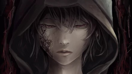 HD desktop wallpaper featuring an original anime character with a hood, showcasing intense red eyes and a scarred face, set against a dark, ominous background.