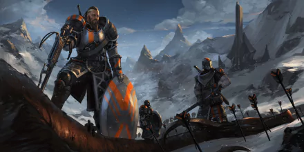HD PC desktop wallpaper from the video game Endless Legend featuring armored warriors standing on a battlefield with mountains and dark clouds in the background.