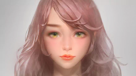 Original anime artwork featuring a close-up of a character with soft pink hair and striking green eyes, designed as an HD desktop wallpaper and background.