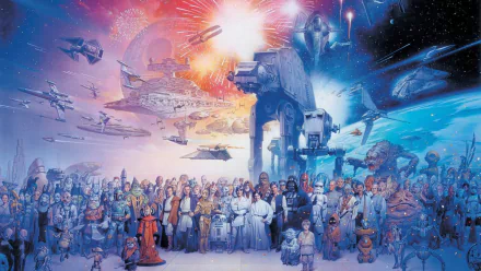A vibrant HD wallpaper featuring iconic Star Wars characters and starships set against a backdrop of explosions and a galaxy, capturing the essence of sci-fi adventure.