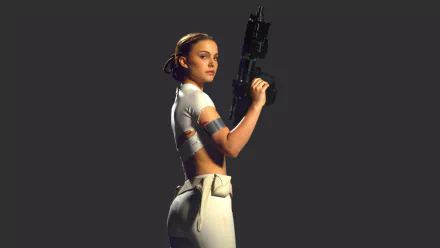 A character from a sci-fi setting, showcasing a powerful pose with a futuristic weapon, set against a dark background, capturing the essence of Star Wars in this HD desktop wallpaper.