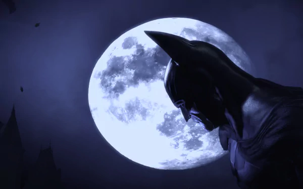 Batman stands solemnly against a full moon backdrop in this HD wallpaper from the video game Batman: Arkham Asylum, capturing the dark and immersive atmosphere of the game.