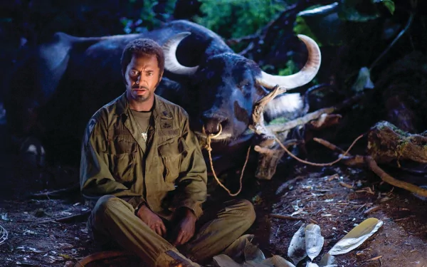Robert Downey Jr. sitting beside a tied buffalo in a jungle scene from the movie Tropic Thunder, captured in a high-definition desktop wallpaper.