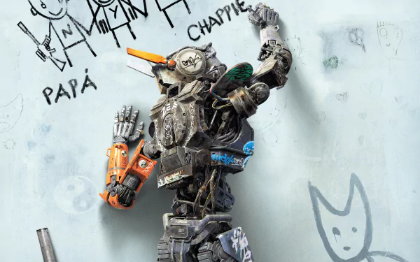 HD wallpaper of Chappie, the robot from the movie, standing with graffiti in the background.