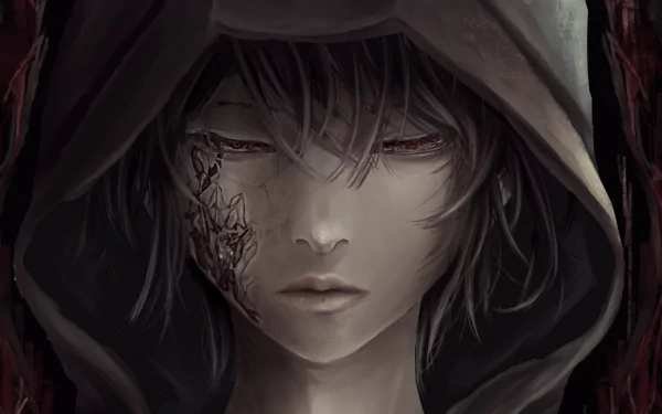 HD desktop wallpaper featuring an original anime character with a hood, showcasing intense red eyes and a scarred face, set against a dark, ominous background.