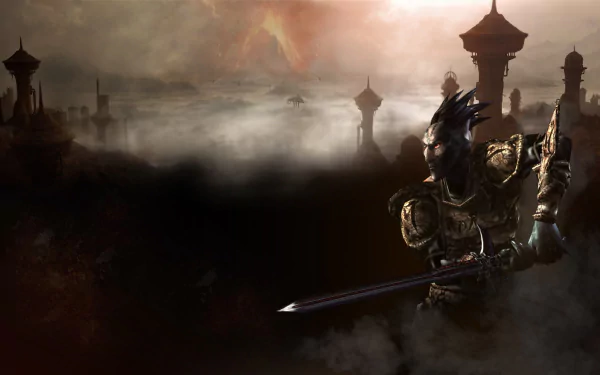Misty Morrowind scene with distant towers and an armored Dunmer warrior wielding a sword; HD PC desktop wallpaper and background from the video game The Elder Scrolls III: Morrowind.