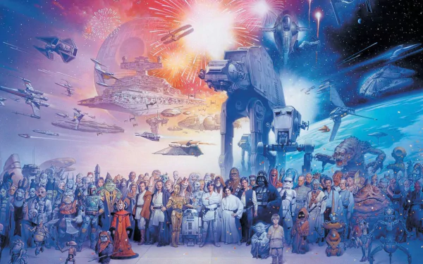 A vibrant HD wallpaper featuring iconic Star Wars characters and starships set against a backdrop of explosions and a galaxy, capturing the essence of sci-fi adventure.