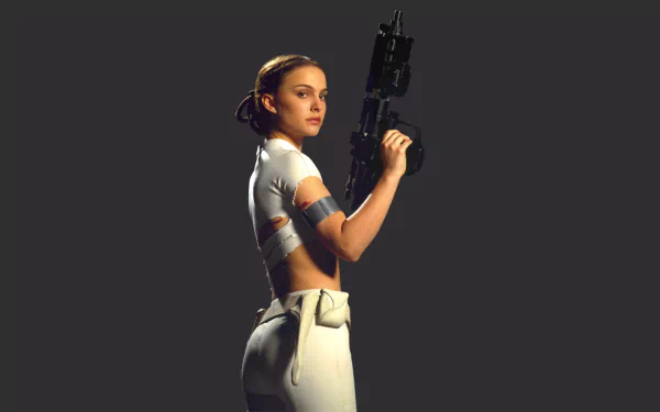A character from a sci-fi setting, showcasing a powerful pose with a futuristic weapon, set against a dark background, capturing the essence of Star Wars in this HD desktop wallpaper.
