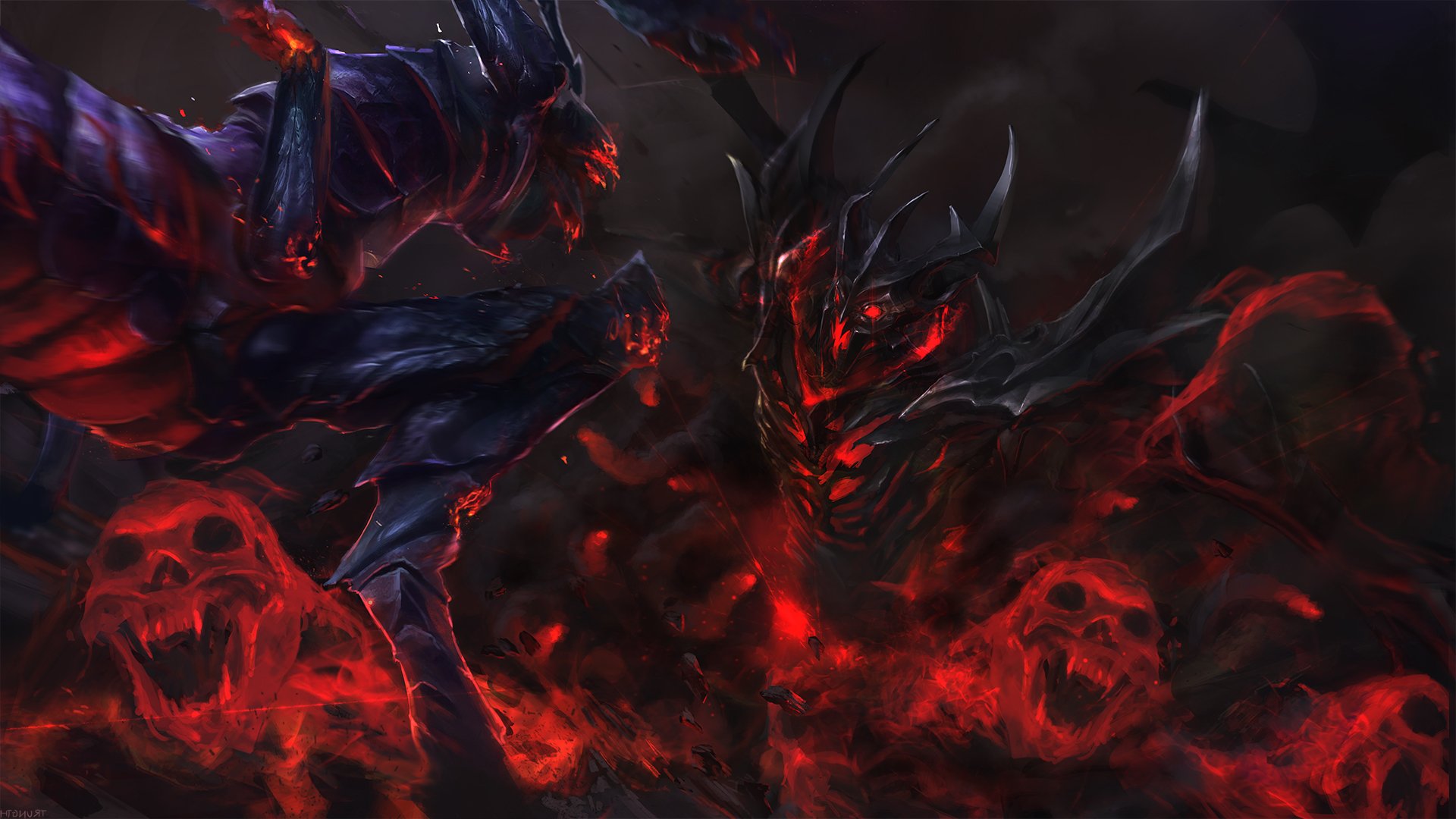 HD DotA 2 themed desktop wallpaper featuring a menacing, dark figure surrounded by glowing red skulls.