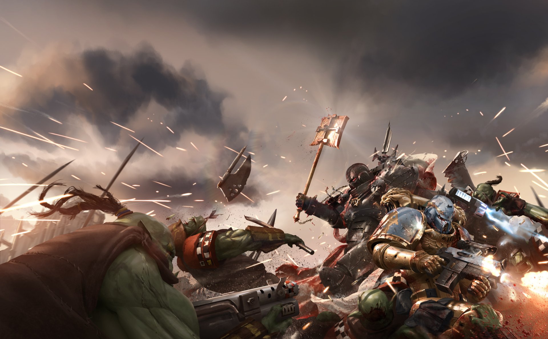 HD PC desktop wallpaper depicting an intense Warhammer battle scene from the video game, featuring armored warriors and orc-like creatures clashing amid explosions and smoke.