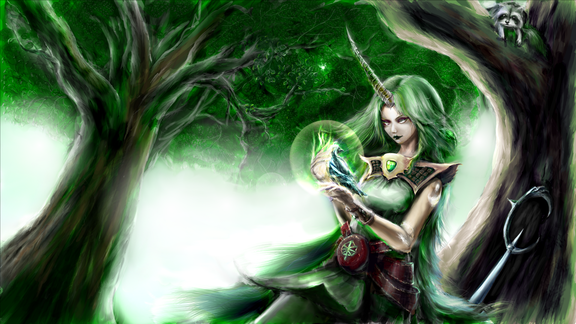 Soraka from the video game League of Legends — green‑haired horned celestial healer in a luminous forest holding a glowing orb; 4K Ultra HD PC desktop wallpaper/background