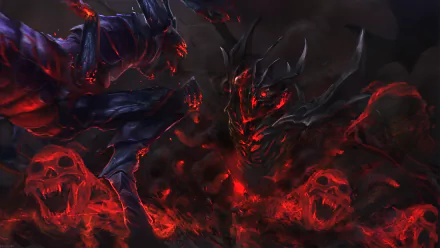 HD DotA 2 themed desktop wallpaper featuring a menacing, dark figure surrounded by glowing red skulls.