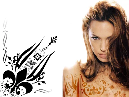 A stunning HD desktop wallpaper featuring Angelina Jolie with an artistic floral design, showcasing her captivating beauty and allure against a vibrant backdrop.