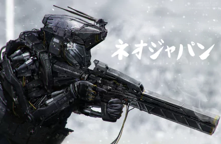 A warrior from Neo Japan 2202 stands poised with a futuristic rifle, set against a dramatic sci-fi backdrop, creating a captivating HD desktop wallpaper.
