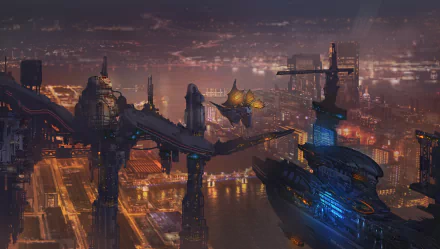 A stunning Sci-Fi scene featuring a futuristic spaceship hovering above a vibrant cityscape illuminated by lights, designed as a 4K Ultra HD desktop wallpaper.