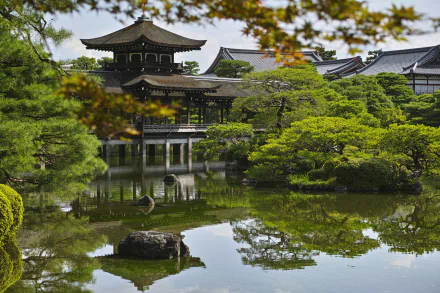 HD wallpaper of a serene Japanese garden in Kyoto, featuring a tranquil pond reflecting a traditional pagoda-style pavilion surrounded by lush greenery.