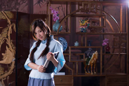 A Taiwanese model, Chén Sīyǐng, poses elegantly in a traditional setting, holding a book, surrounded by decorative elements. This image serves as a striking 4K Ultra HD wallpaper.