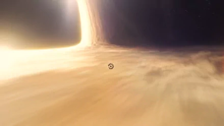 A stunning HD wallpaper featuring a vast cosmic scene inspired by the movie Interstellar, showcasing swirling clouds around a glowing black hole.