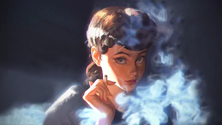 HD desktop wallpaper featuring Rachael from Blade Runner, surrounded by swirling smoke in a moody, cinematic style inspired by the movie.