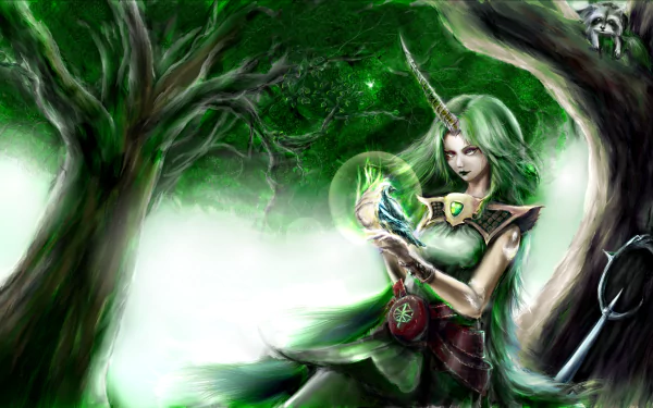 Soraka from the video game League of Legends — green‑haired horned celestial healer in a luminous forest holding a glowing orb; 4K Ultra HD PC desktop wallpaper/background