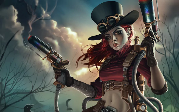 A striking steampunk-themed HD wallpaper features a fierce character with red hair and goggles, wielding futuristic guns against a moody, atmospheric background.