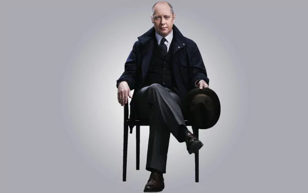 HD desktop wallpaper featuring James Spader from The Blacklist, seated on a chair, dressed in a coat and holding a hat.