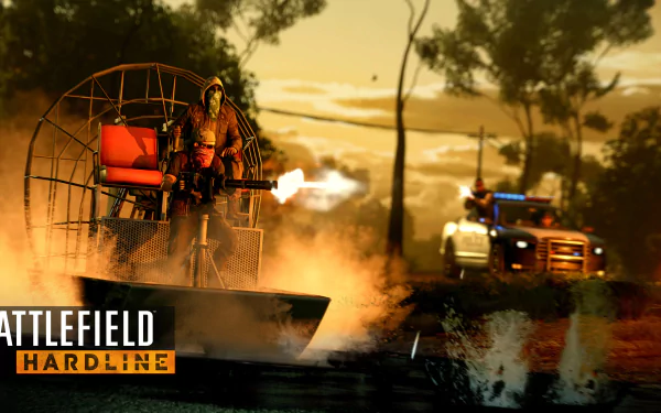 4K Ultra HD PC desktop wallpaper/background for the video game Battlefield: Hardline — armed suspect on an airboat racing through a smoky swamp while a police truck pursues under a golden sky.